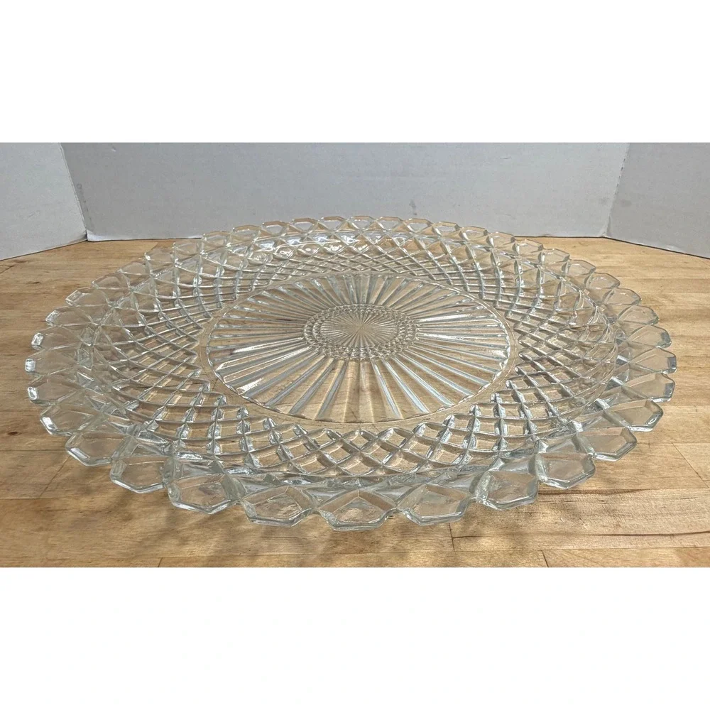 Vintage Clear Pressed Glass Serving Platter Diamond Starburst Holiday 14